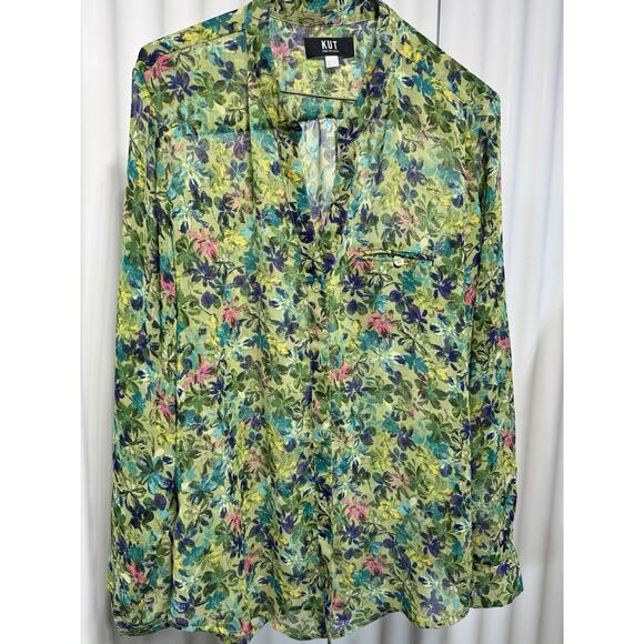 KUT FROM THE KLOTH Med Sheer Bordeaux Button Front Blouse/Top Blue/Green - Picture 2 of 8